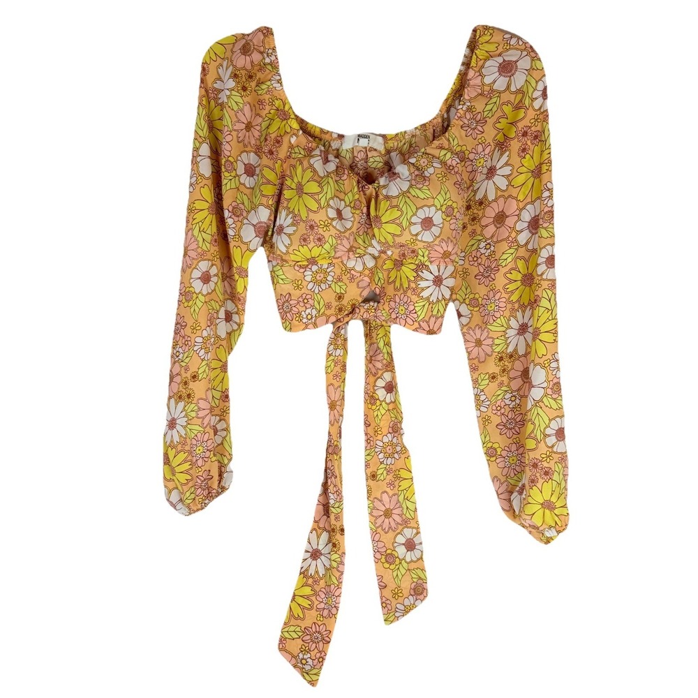 Madden NYC Floral Tie Back Crop Top S Retro‎ 70s Boho Peach Yellow Peach White